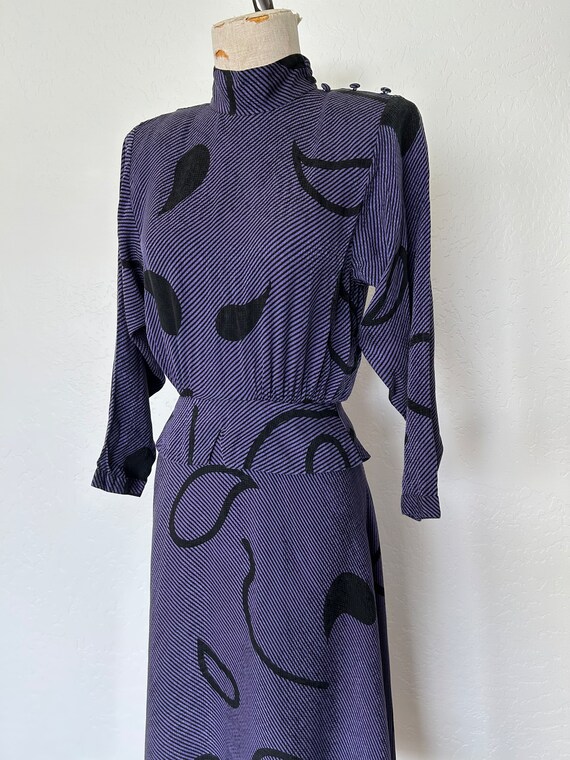 Vintage 1980's silk dress PURPLE PEPLUM striped h… - image 4