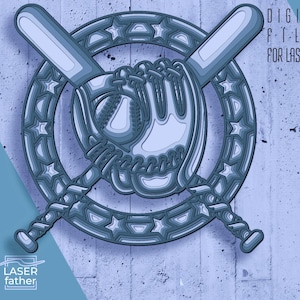 Könnte beinhalten: Ein mehrschichtiges blaues Baseball-Design mit Baseballhandschuh, Ball und gekreuzten Schlägern in einem sternenbesetzten Kreis. Das Bild enthält den Text "DIGITAL FILES FOR LASER CUT" und Dateityp-Abkürzungen.