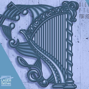 Könnte beinhalten: Ein mehrschichtiges, blau-graues Laser-Design einer Harfe mit Noten. Das Design enthält den Text "DIGITAL FILES FOR LASER CUT" und Dateityp-Abkürzungen. Die Harfe weist komplizierte Details und einen dekorativen Rahmen auf.