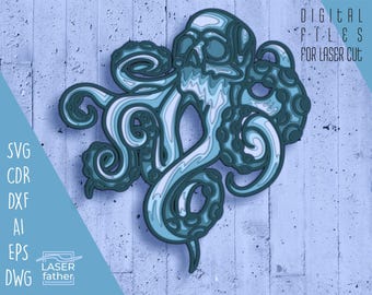 Layered Kraken Design | Ai Cdr Eps Svg Files | Laser Cutting Crafts | Octopus Art | Skull Vector | Xtool Templ | Digital Products