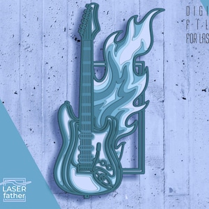 May include: A layered, teal-colored guitar design with flames, suitable for laser cutting. The image includes the text "DIGITAL FILES FOR LASER CUT" and file type abbreviations like SVG, CDR, DXF, AI, EPS, and DWG. The design is set against a light blue, textured background.