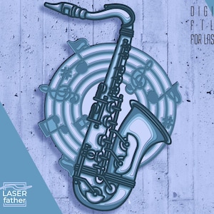 Design de saxofone em camadas | Formatos AI CDR EPS SVG | Corte a laser 3D | Arquivos digitais | Arte de instrumento musical | Cricut Paper Craft | Recorte em madeira