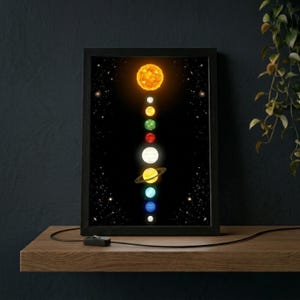 Pode incluir: Uma impressão de arte de parede vertical emoldurada apresentando um sol amarelo brilhante no topo, seguido por um arranjo linear de nove planetas coloridos em ordem decrescente contra um fundo preto cheio de estrelas brancas espalhadas.
