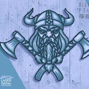 May include: A layered blue and white Viking illustration with a horned helmet, long beard, and two axes. The image includes the text "DIGITAL FILES FOR LASER CUT" and file type abbreviations.