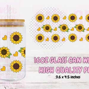 Tournesol coeurs 16 oz Libbey verre peut emballer PNG, emballage de tasse de café glacé plantes printemps été, amoureux des plantes mignonnes PNG, autocollant Plant Mama UVDTF,