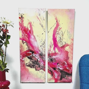 Pink Abstract Acrylic Painting Set: Modern Vertical Dyptych Artwork