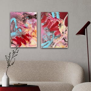 Hand Painted Hot Red Expressive Abstract Painting, Small Size Set of Two Colorful Abstract Art Work, Living Room Wall Decor Acrylic Art Gift