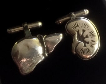 TRANSPLANT TEAM Anatomical Kidney + Liver Cufflinks in Sterling Silver. Meaningful gift for donor, medical team, transplant recipient