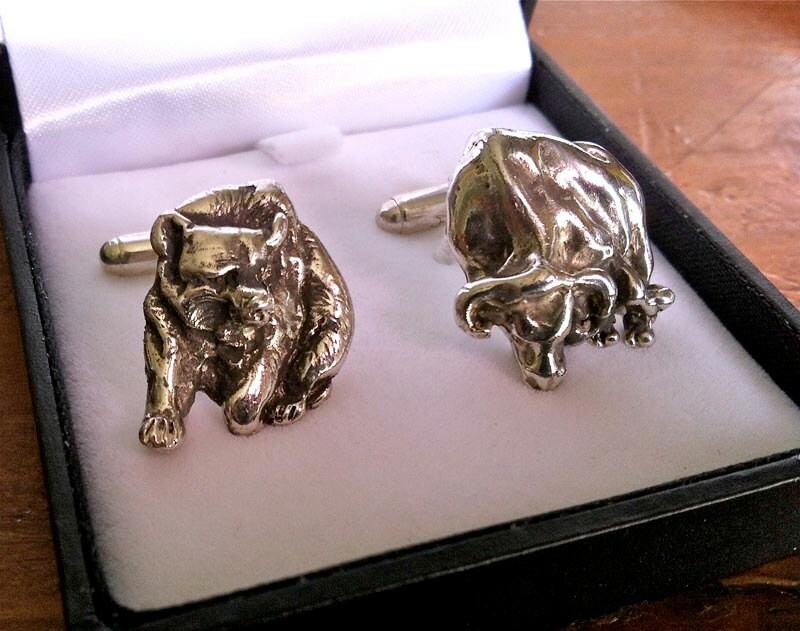 Bear and Bull Financial cufflinks in sterling silver for a Special Someone who knows the markets!