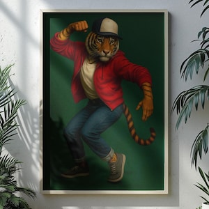 Krumping Tiger Maximalist Wall Art Print – Funky Wall Art, Dopamine Decor, Unique 3 piece gallery wall art set, triptych wall art