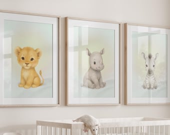 Sage Green Safari Nursery Wall Art - Baby Animal Prints - Neutral Nursery Decor