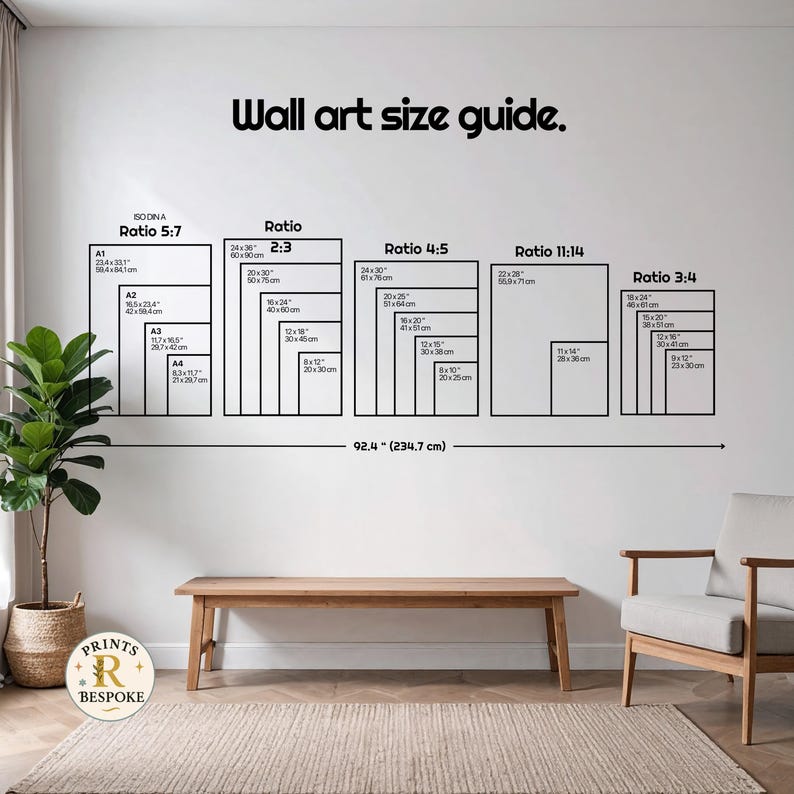 May include: A wall art size guide with various aspect ratios and dimensions in inches and centimeters. The guide includes sizes like A1, A2, A3, and A4, along with ratios such as 5:7, 2:3, 4:5, 11:14, and 3:4. The text "Wall art size guide" is at the top.