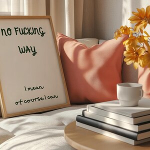 May include: A framed sign with the text "no Fucking Way" in green script. Below the text is "I mean of course I can". A stack of books, a white coffee cup, and a peach-colored pillow are also visible.