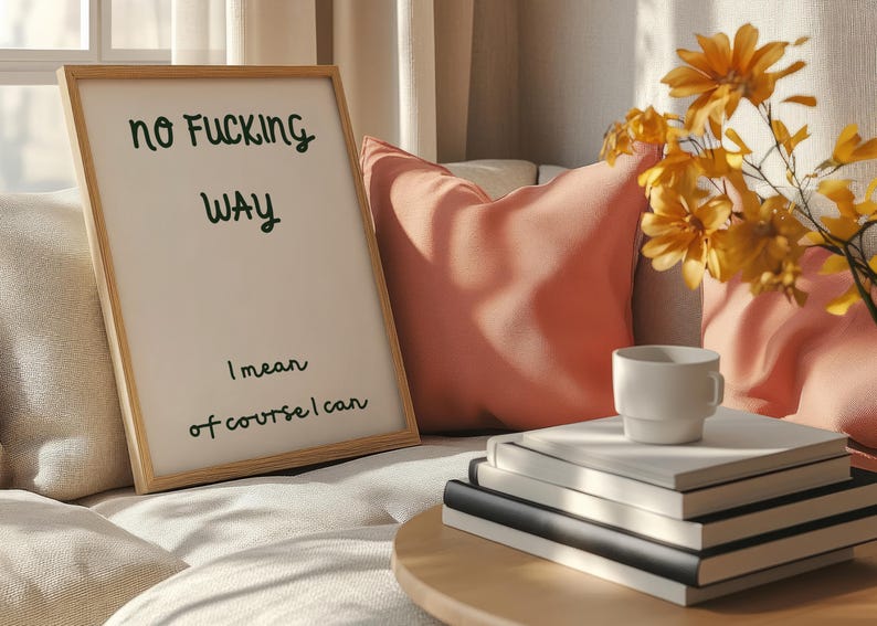 May include: A framed sign with the text "no Fucking Way" in green script. Below the text is "I mean of course I can". A stack of books, a white coffee cup, and a peach-colored pillow are also visible.