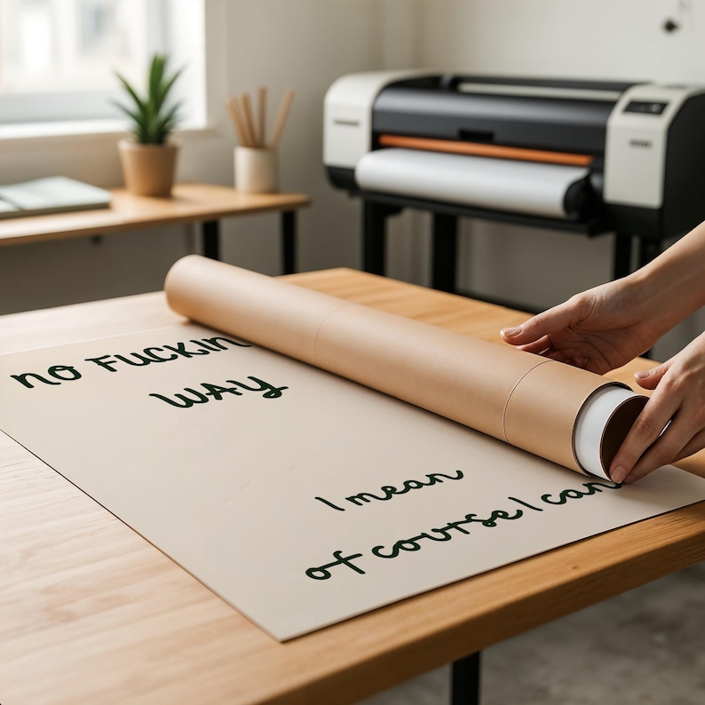 May include: A poster with the text "No Fucking Way" and "I mean of course I can" in green ink. The poster is on a wooden table, with a brown tube next to it. A person is holding the tube.
