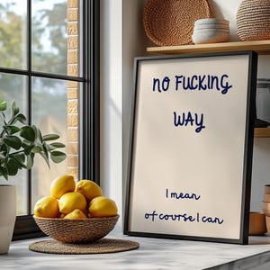 May include: A framed print with the text "no FUCKING WAY" and "I mean of course I can" in navy blue script. A bowl of lemons sits on a countertop near a window and a potted plant.