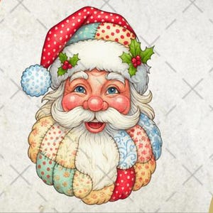 May include: A watercolor illustration of Santa Claus's head and shoulders. He has a white beard and mustache, rosy cheeks, and blue eyes. His hat is red with white polka dots, and his coat is patchwork with various patterns.