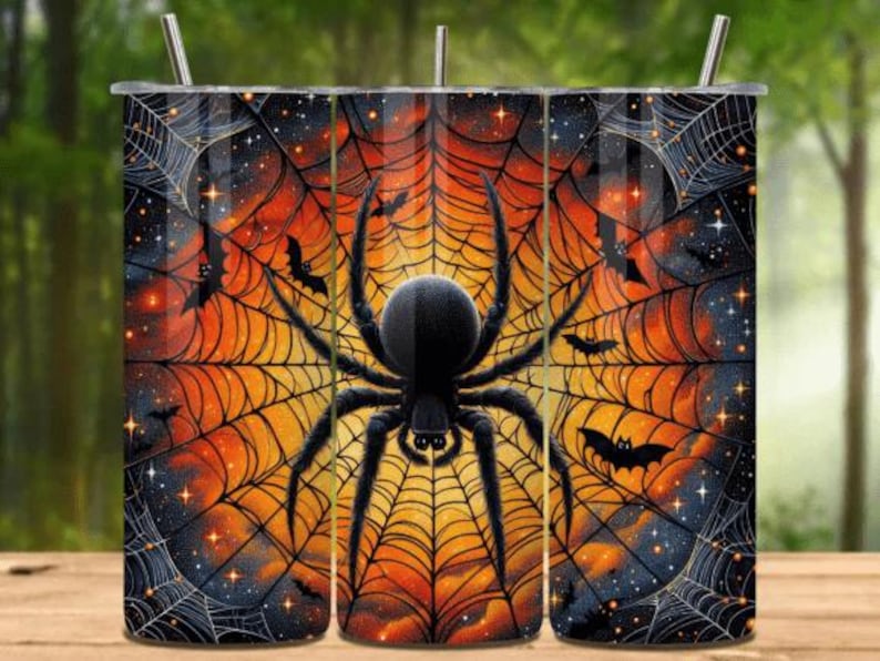 May include: A cylindrical tumbler featuring a vibrant orange and black spiderweb pattern. A large, detailed black spider is centred on the front, surrounded by silhouettes of flying bats and small sparkling stars against a dark, gradient background.
