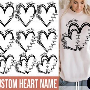 Puede incluir: Un diseño en blanco y negro de dos corazones entrelazados con acentos florales. Los corazones están llenos de nombres, incluyendo "Shopia", "Honey" y "Amelia". El texto "Grandma" y "Mom" también están incluidos en el diseño. El texto "CUSTOM HEART NAME" está en la parte inferior de la imagen.