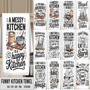 Puede incluir: Una colección de paños de cocina blancos con texto e ilustraciones humorísticas. Los diseños incluyen frases como "A Messy Kitchen is a Happy Kitchen" y "If You Want Breakfast in Bed". Perfectos para añadir un toque de diversión a cualquier cocina.