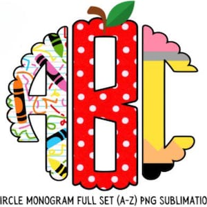 Op de afbeelding: Een cirkelvormige monogramafbeelding met de letters ABC. De letter A heeft een kleurrijk kleurpotloodpatroon, de letter B is rood met witte stippen en een appelsteeltje met een blaadje, en de letter C heeft een geel potloodontwerp.