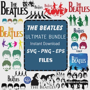 May include: A collection of Beatles-themed graphics in various styles. Includes silhouettes of the band, album art, and the text "THE BEATLES ULTIMATE BUNDLE" with file type information. The images are in black, white, red, green, and blue.