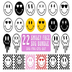 Paquete SVG de caras sonrientes, caras sonrientes SVG, archivo de corte de cara sonriente, SVG PNG EPS, descarga instantánea DXF, diseño de sudadera con capucha de cara feliz, elegante y goteante.