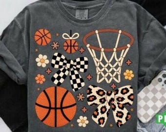 Basketball & Bows Faux Yarn Png, Bow Png, Cozy Sports Aesthetic PNG, Game Day Shirt Design, Basketball Season Png, Digital Download