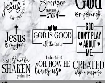 May include: A collection of ten Christian SVG designs in black, featuring inspirational quotes and phrases like "Jesus is my jam" and "God is good all the time." The designs include hearts and crosses, with the text "10 CHRISTIAN SVG BUNDLE" at the bottom.