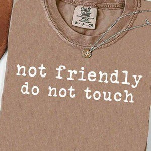 May include: A brown t-shirt with the text "not friendly do not touch" in white. The shirt has a crew neck and a small tag. A silver necklace with a pendant is draped across the shirt.