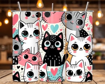 Cute Kawaii Kitten Faces Tumbler Wrap, Kitty Tumbler Wrap, Cartoon Tumbler, 20oz Skinny Tumbler PNG, Cute Kitten 20 oz  Tumbler Wrap