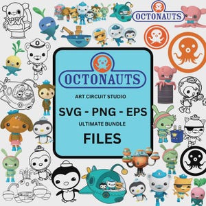 Könnte beinhalten: Eine digitale Sammlung von Octonauts-Charaktergrafiken, bestehend aus farbigen Illustrationen und schwarz-weißen Strichzeichnungen. Die zentrale blaue rechteckige Grafik enthält den Text OCTONAUTS, ART CIRCUIT STUDIO, SVG - PNG - EPS, ULTIMATE BUNDLE und FILES.