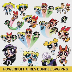 May include: A collection of cartoon illustrations featuring the Powerpuff Girls and other characters. The images include the characters in various poses, with vibrant colors and bold outlines. The text "POWERPUFF GIRLS BUNDLE SVG PNG" is at the bottom.