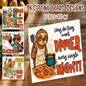 Op de afbeelding: Een verzameling van vier vierkante snijplankontwerpen. Eén toont een luiaard die kookt met de tekst "Why do they want DINNER every single NIGHT!". De snijplanken zijn 29,5 x 20,8 cm groot.
