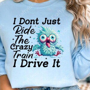 May include: Pale blue sweatshirt with the slogan "I Don't Just Ride The Crazy Train I Drive It." The design includes a cartoon owl in teal, pink, and blue. The owl has large eyes and an open beak.