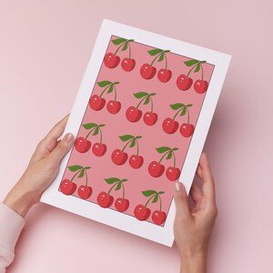 Kirschen Muster Digitaldruck - Retro Obst Wandkunst | Rosa und Rot Pop-Art-Dekor | Sofort Download