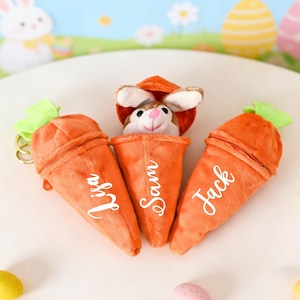 May include: Three orange plush carrot-shaped pouches with green tops and white lettering that reads "Lisa", "Sam", and "Jack". A plush bunny with a carrot hat is in the center pouch. Easter-themed background with eggs and a bunny.