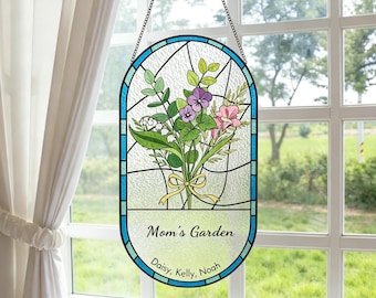Family Birth Flower Bouquet Birth Month Flowers Personalized Stained Glass Window Hangings Personalized Birth Flower Gift Mothers Day Gift