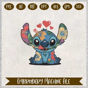 Stitch Embroidery Design, Floral Stitch Embroidery File, Hawaiian Love Embroidery Pattern, Cute Cartoon Character Embroidery