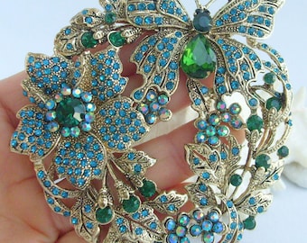 3.5 Inch Art Style Butterfly Flower Brooch Pin Pendant Rhinestone Crystals ET04489M