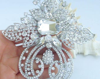 4.7 Inch Bridal Flower Teardrop Brooch Pin Pendant Wedding Bouquet Austrian Crystals Prom Jewelry ET04249M