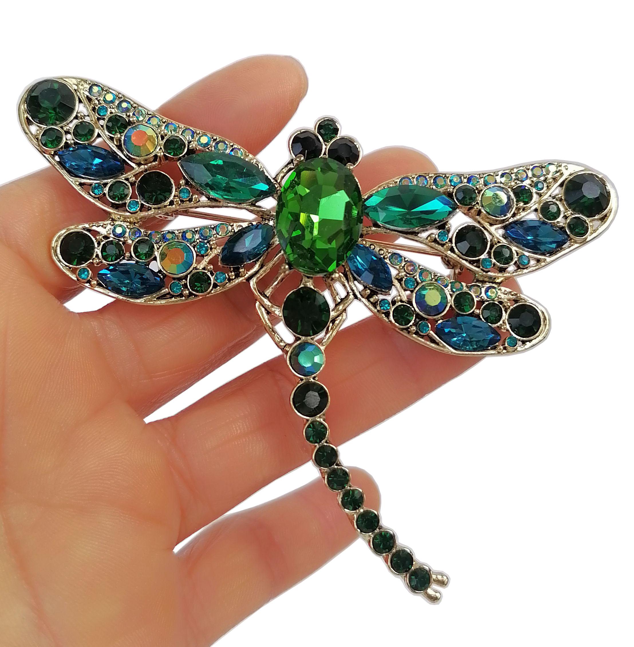 Grande Broche Femme Métal Libellule Strass Bleu Insecte