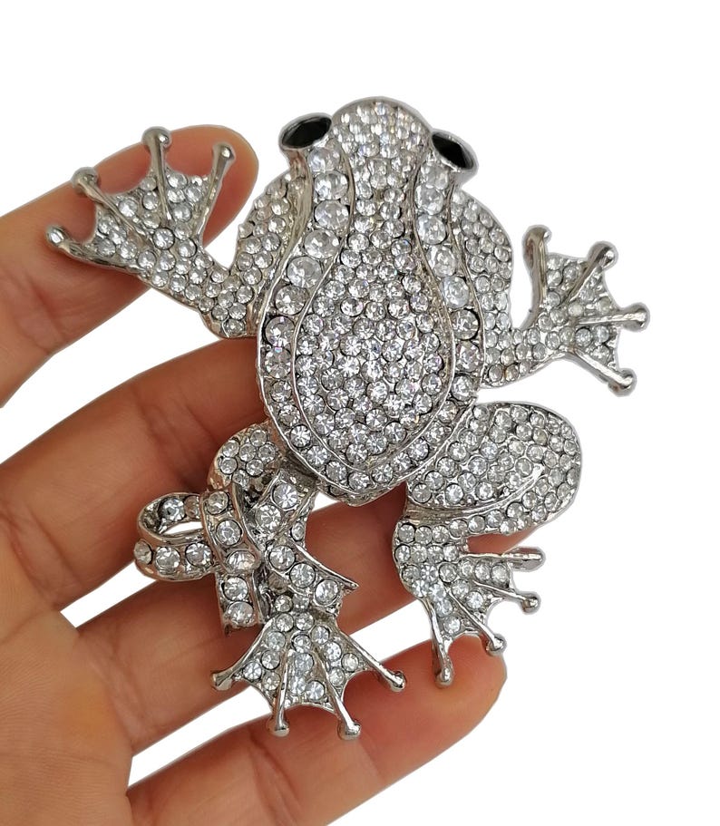 May include: A silver-toned frog brooch, encrusted with clear crystals. The frog has large eyes, webbed feet, and is posed with its arms and legs outstretched. The brooch is a detailed, sparkling accessory.