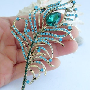 4.9 Inch Elegant Peacock Peafowl Feather Brooch Pin Pendant Rhinestone Crystals Prom Jewelry ET05860M
