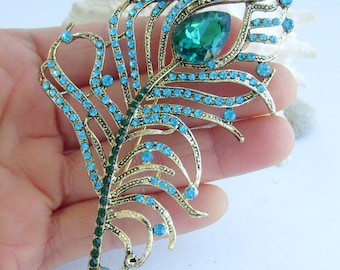 4.9 Inch Elegant Peacock Peafowl Feather Brooch Pin Pendant Rhinestone Crystals Prom Jewelry ET05860M