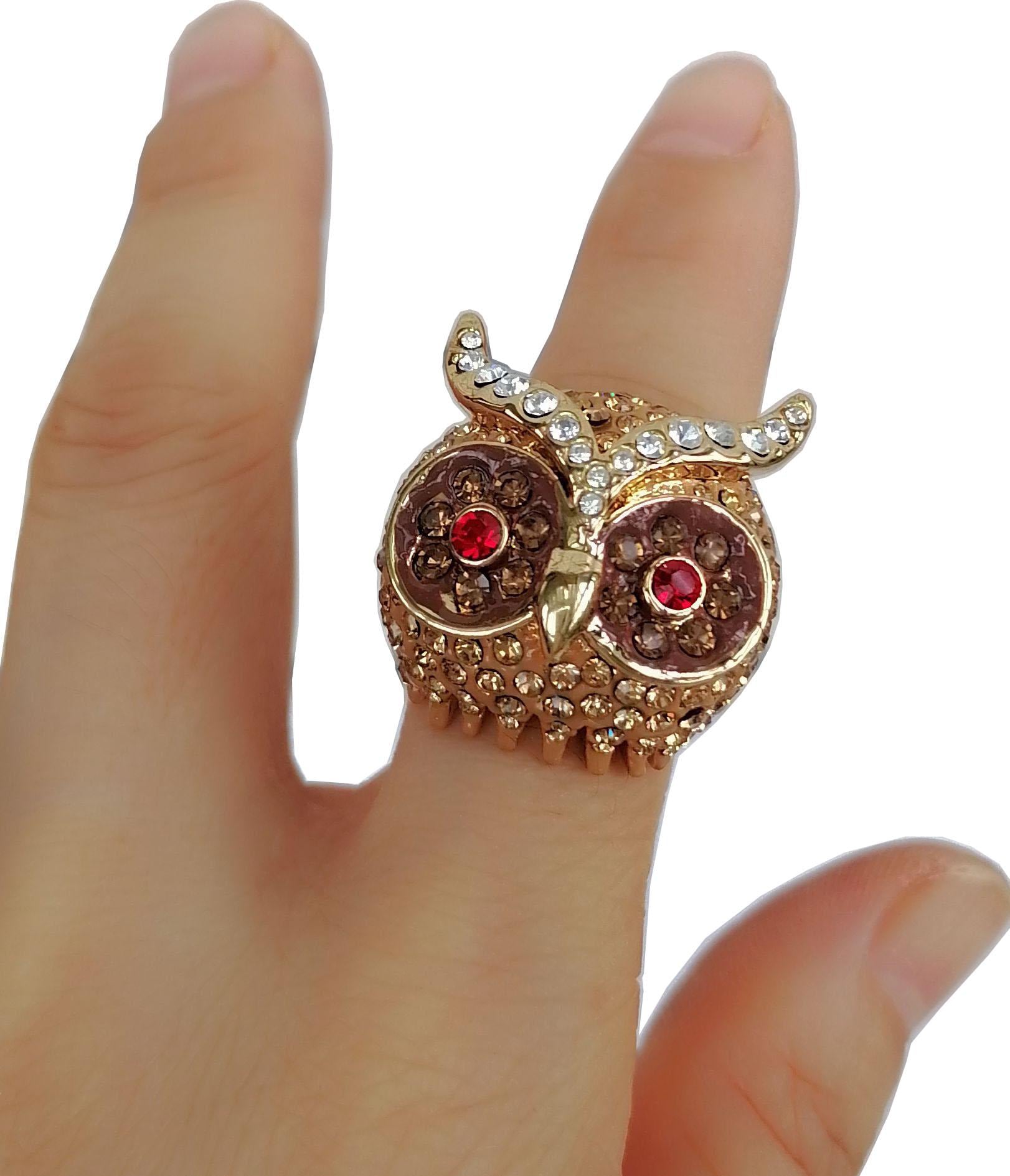 Statement Ring Women, Beige Rhinestone Crystals Owl Ring, Chunky Ring, Crystal Animal Bird Ring ETCR