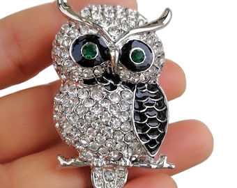2.4 Inch Unique Enamel Animal Bird Owl Brooch Pin Pendant Rhinestone Crystals ET03502M
