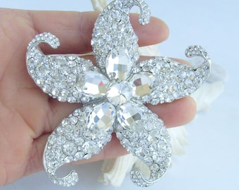 3.2 Inch Unique Marine Animal Starfish Brooch Pin Pendant Rhinestone Crystals ET04824M