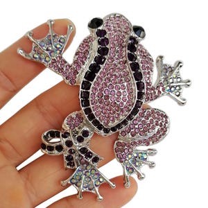 May include: A silver-toned frog brooch, encrusted with pink and purple rhinestones. The frog's eyes are black, and its feet have iridescent accents. The brooch is held in a hand against a white background.