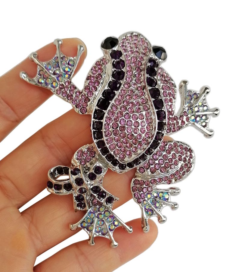 May include: A silver-toned frog brooch, encrusted with pink and purple rhinestones. The frog's eyes are black, and its feet have iridescent accents. The brooch is held in a hand against a white background.